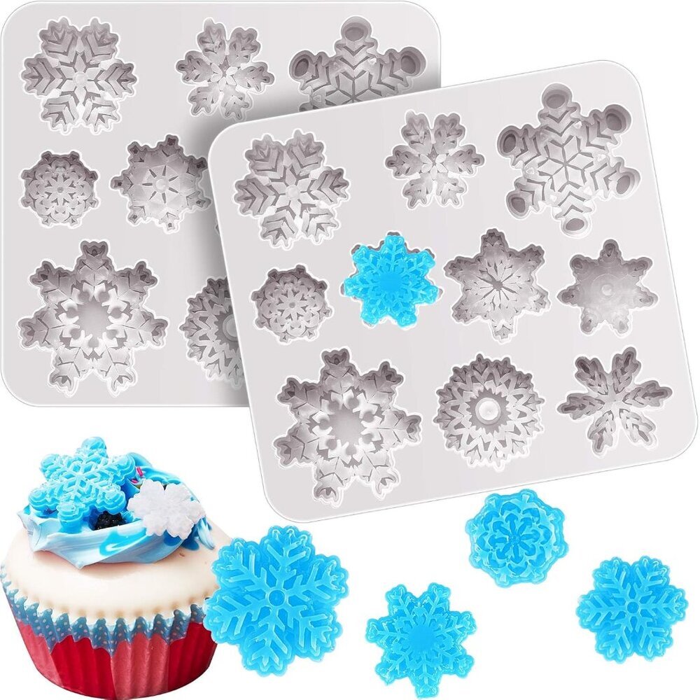 2 Pieces 3D Snowflake Silicone Mold Winter Snowflake Fondant Silicone Mold for C